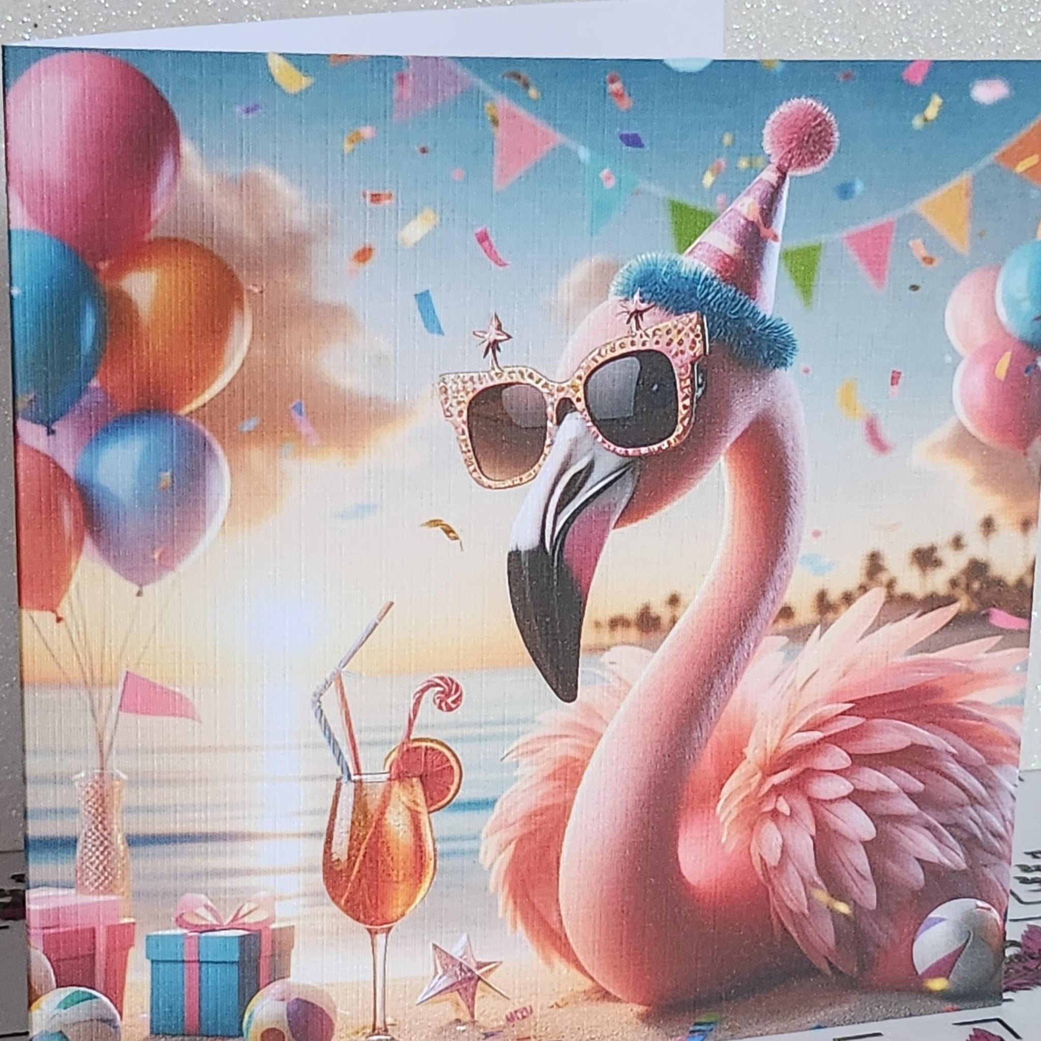 Flamingo Birthday Card Flamingo On Beach Wearing Birthday Hat & Sunglasses Birthday Presents Handmade Linen Effect Card Square Free Delivery