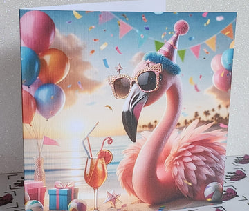 Flamingo Birthday Card Flamingo On Beach Wearing Birthday Hat & Sunglasses Birthday Presents Handmade Linen Effect Card Square Free Delivery