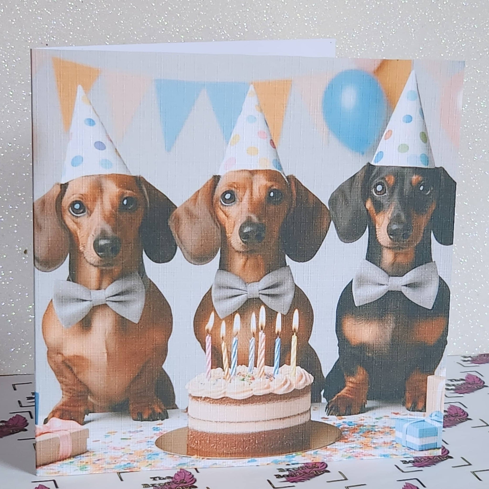 Dachshund Birthday Card Dachshunds Wearing Birthday Hat Happy Birthday Mummy Daddy Daughter Handmade Linen Effect Card Square Free Delivery