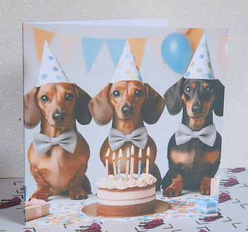 Dachshund Birthday Card Dachshunds Wearing Birthday Hat Happy Birthday Mummy Daddy Daughter Handmade Linen Effect Card Square Free Delivery