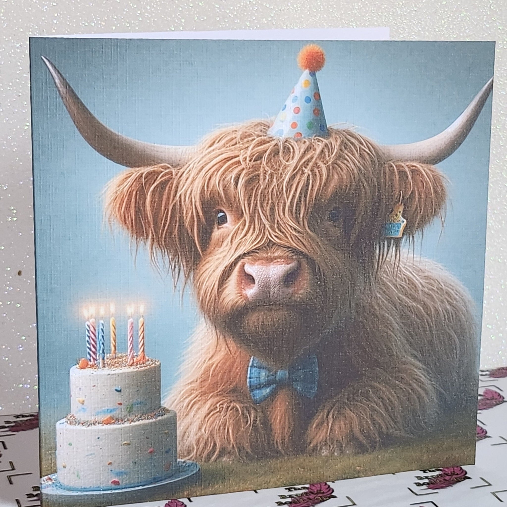 Highland Cow Birthday Card Highland Coo With Birthday Hat Birthday Cake Handmade Linen Effect Card Square Free Delivery Highland Cow Friend