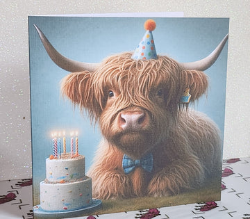 Highland Cow Birthday Card Highland Coo With Birthday Hat Birthday Cake Handmade Linen Effect Card Square Free Delivery Highland Cow Friend