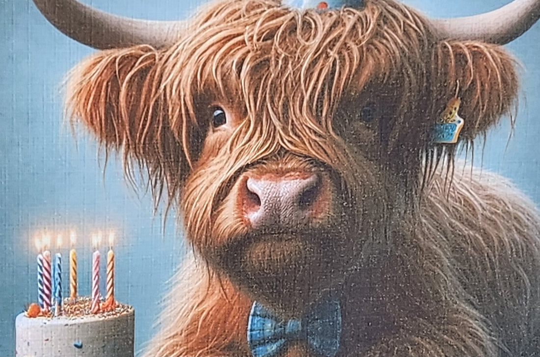 Highland Cow Birthday Card Highland Coo With Birthday Hat Birthday Cake Handmade Linen Effect Card Square Free Delivery Highland Cow Friend