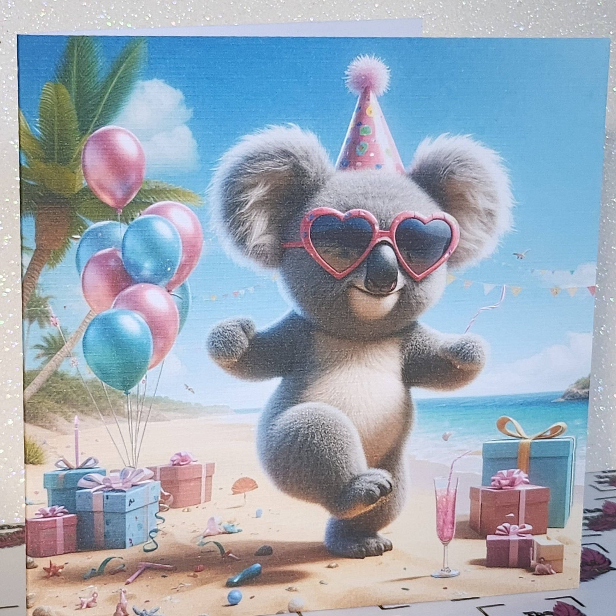 Koala Bear Birthday Card Dancing Koala Wearing Birthday Hat & Sunglasses Birthday Presents Handmade Linen Effect Card Square Free Delivery