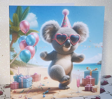 Koala Bear Birthday Card Dancing Koala Wearing Birthday Hat & Sunglasses Birthday Presents Handmade Linen Effect Card Square Free Delivery