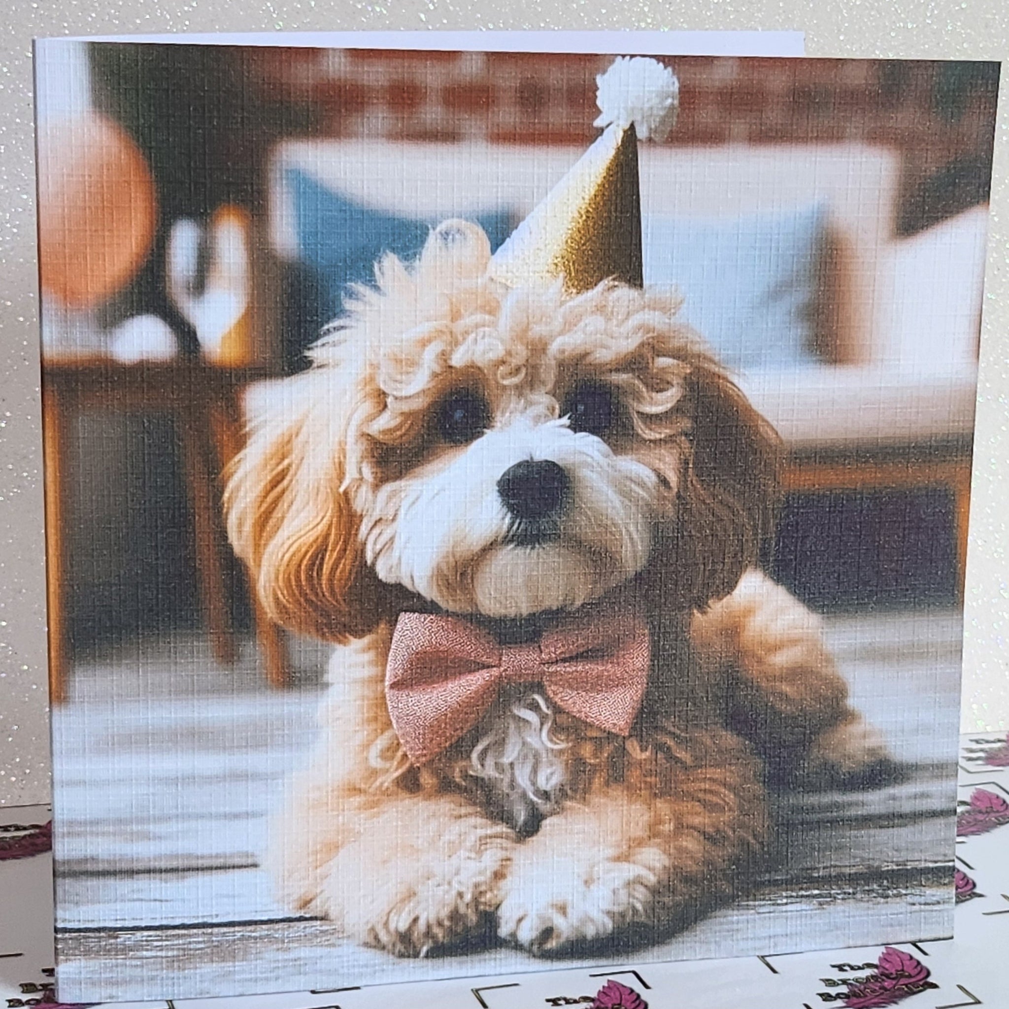 Cockapoo Birthday Card Cockapoo Wearing Birthday Hat & Bow Tie Happy Birthday Mummy Daddy Handmade Linen Effect Card Square Free Delivery