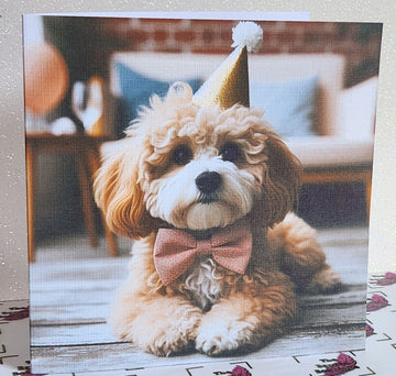 Cockapoo Birthday Card Cockapoo Wearing Birthday Hat & Bow Tie Happy Birthday Mummy Daddy Handmade Linen Effect Card Square Free Delivery