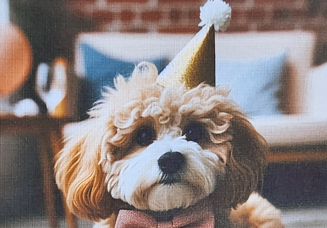 Cockapoo Birthday Card Cockapoo Wearing Birthday Hat & Bow Tie Happy Birthday Mummy Daddy Handmade Linen Effect Card Square Free Delivery