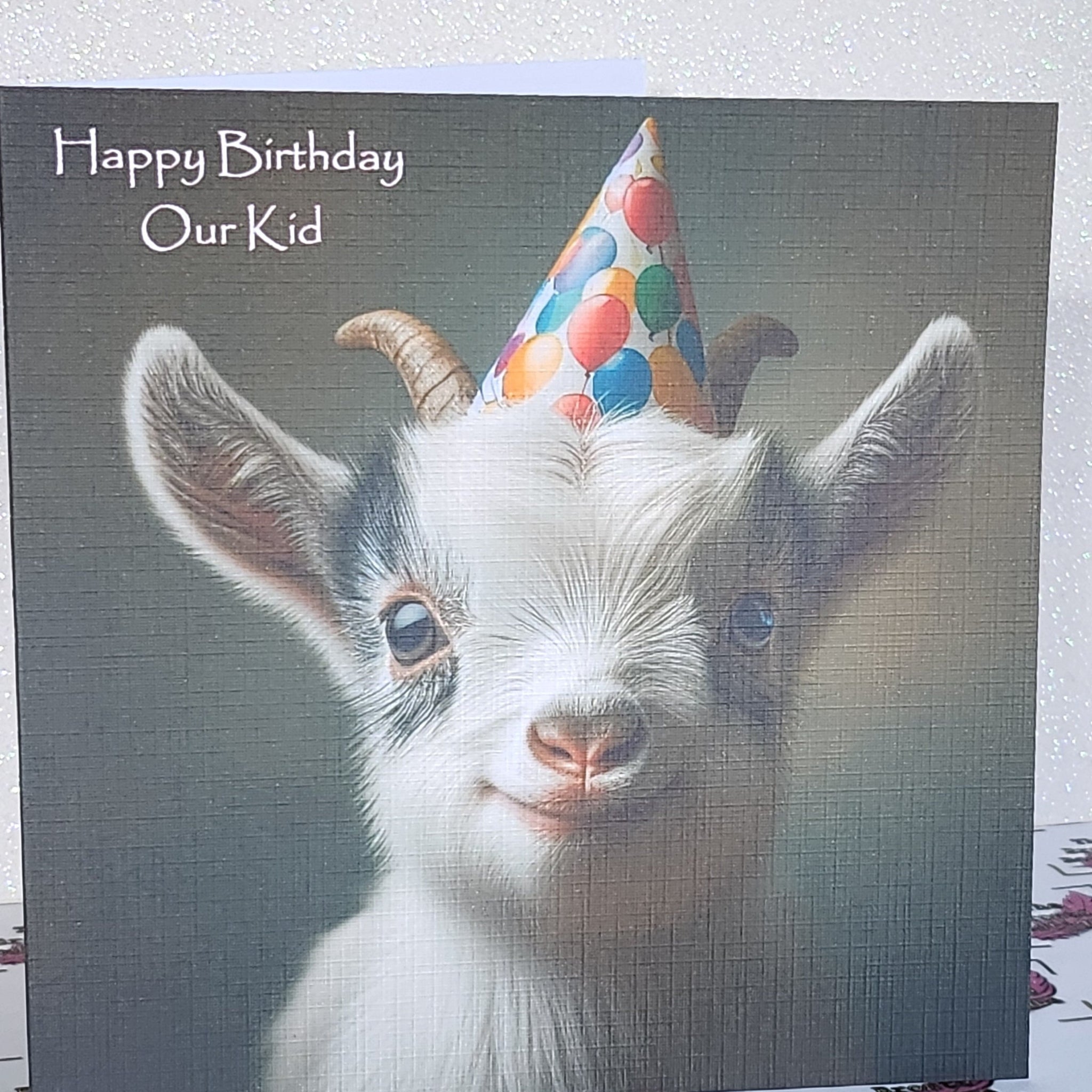 Baby Goat Birthday Card Baby Goat Wearing Birthday Hat With Birthday Cupcake Happy Birthday Glitter Handmade Linen Effect Square Free Delivery
