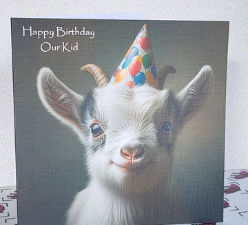 Baby Goat Birthday Card Baby Goat Wearing Birthday Hat With Birthday Cupcake Happy Birthday Glitter Handmade Linen Effect Square Free Delivery