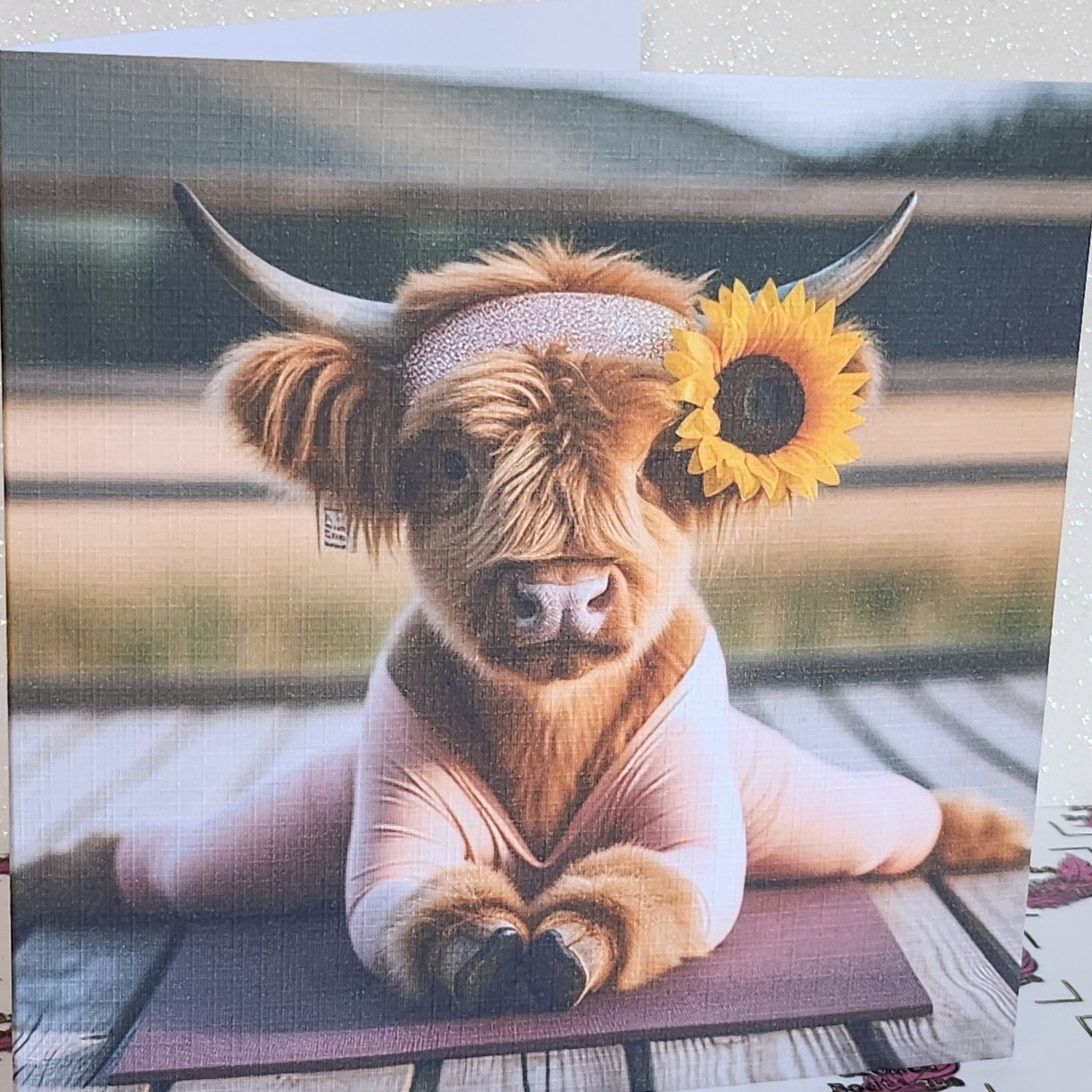 Highland Cow Yoga Card Highland Cow Doing Yoga Sunflower Humour Friend Positivity Mental Health Handmade Linen Effect Square Free Delivery