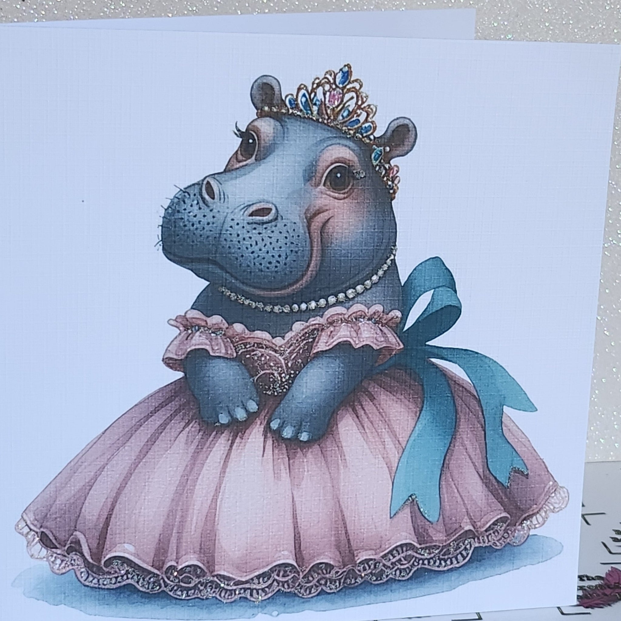 Hippo Birthday Card Hippopotamus Wearing Ballgown And Tiara Handmade Linen Effect Card Square Glitter Friend Mummy Pink Blue Free Delivery