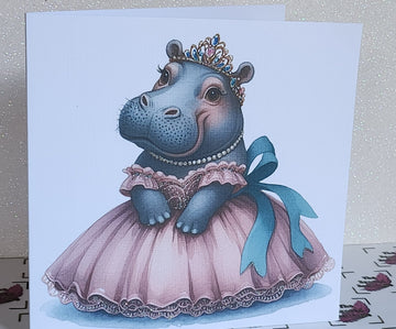 Hippo Birthday Card Hippopotamus Wearing Ballgown And Tiara Handmade Linen Effect Card Square Glitter Friend Mummy Pink Blue Free Delivery