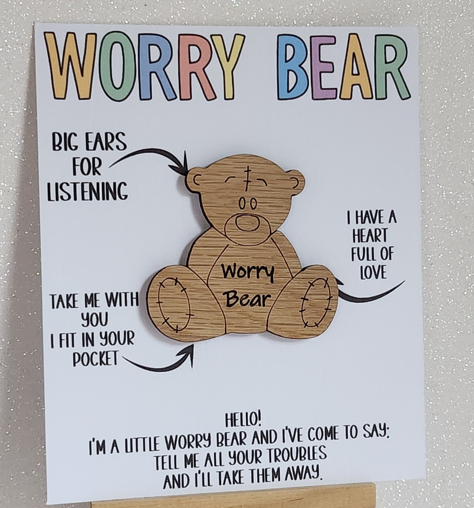 Worry Bear Pocket Hug Wooden Teddy Bear Hug Token On Gift Card 'Hello I'm A Little Worry Bear' New School Daughter Son Grandchild Sister