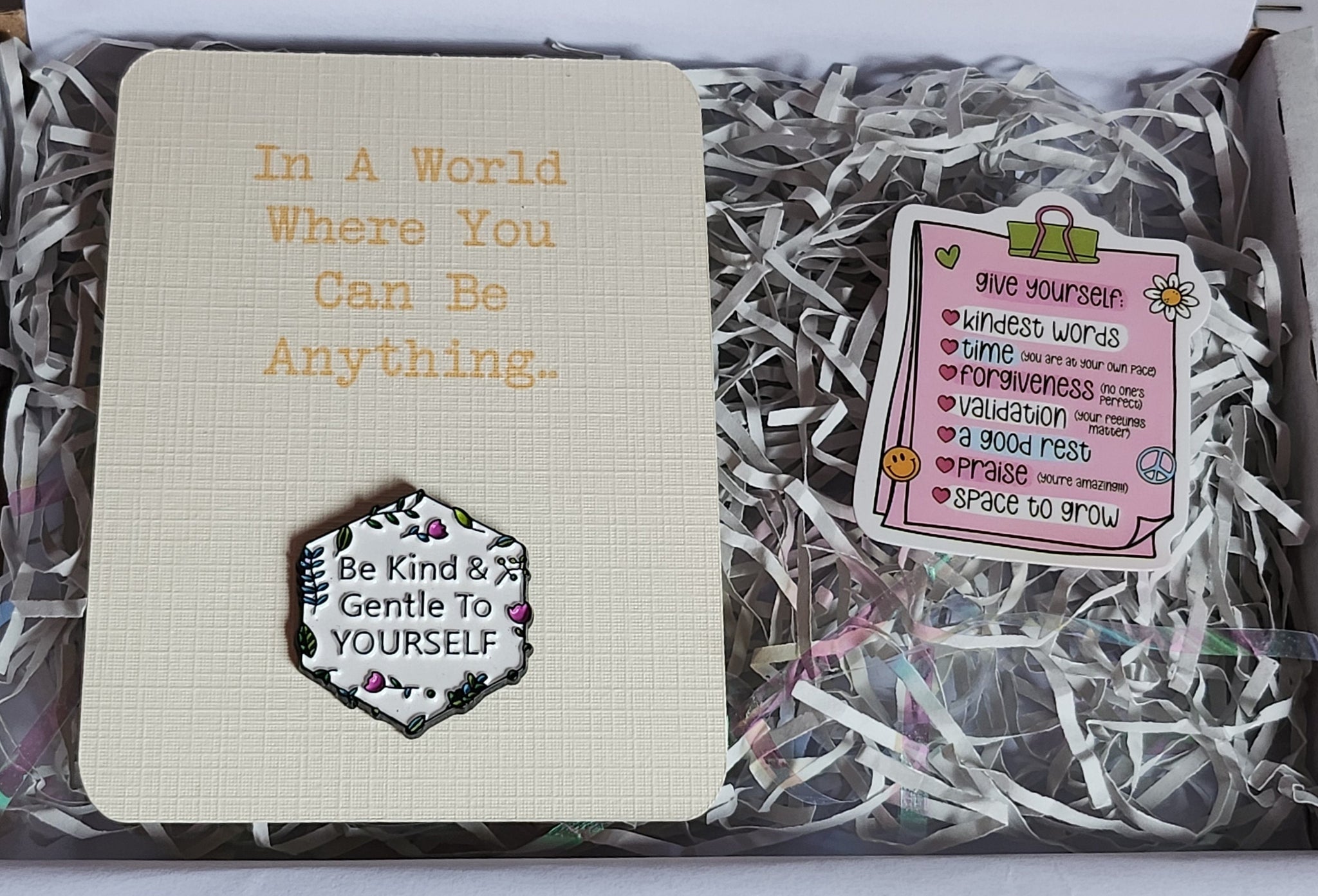 Mental Health Gift Box With Enamel Pin Badge 'Be Kind A Gentle To Yourself' Vinyl Sticker Positivity Personalised Gift Card Option Self Love