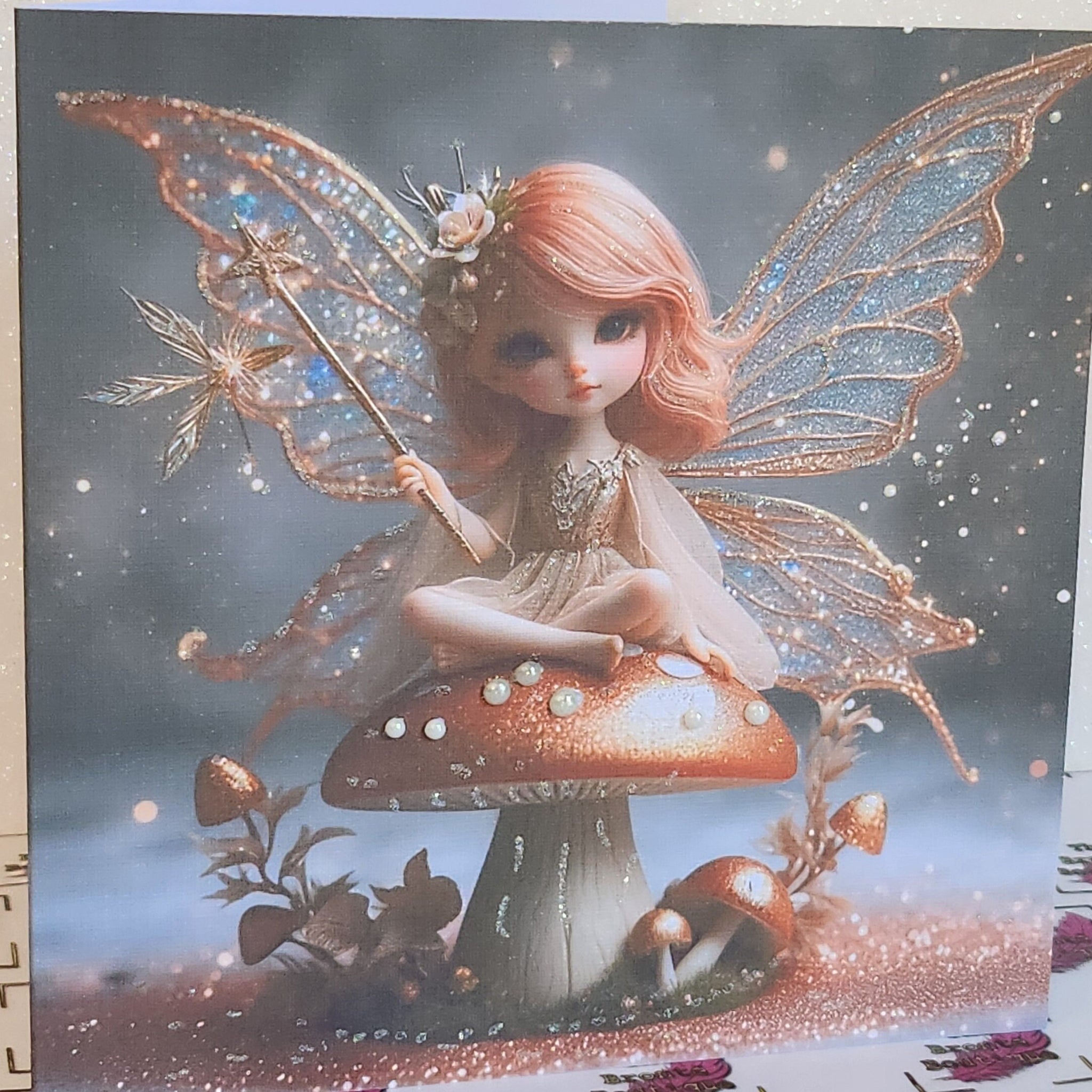 Fairy Card Fairy With Wand Sat On Toadstool Friend Rose Gold Wings 3d Faux Pearls Glitter Detailing Happy Birthday Square Free Delivery