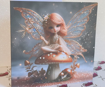 Fairy Card Fairy With Wand Sat On Toadstool Friend Rose Gold Wings 3d Faux Pearls Glitter Detailing Happy Birthday Square Free Delivery