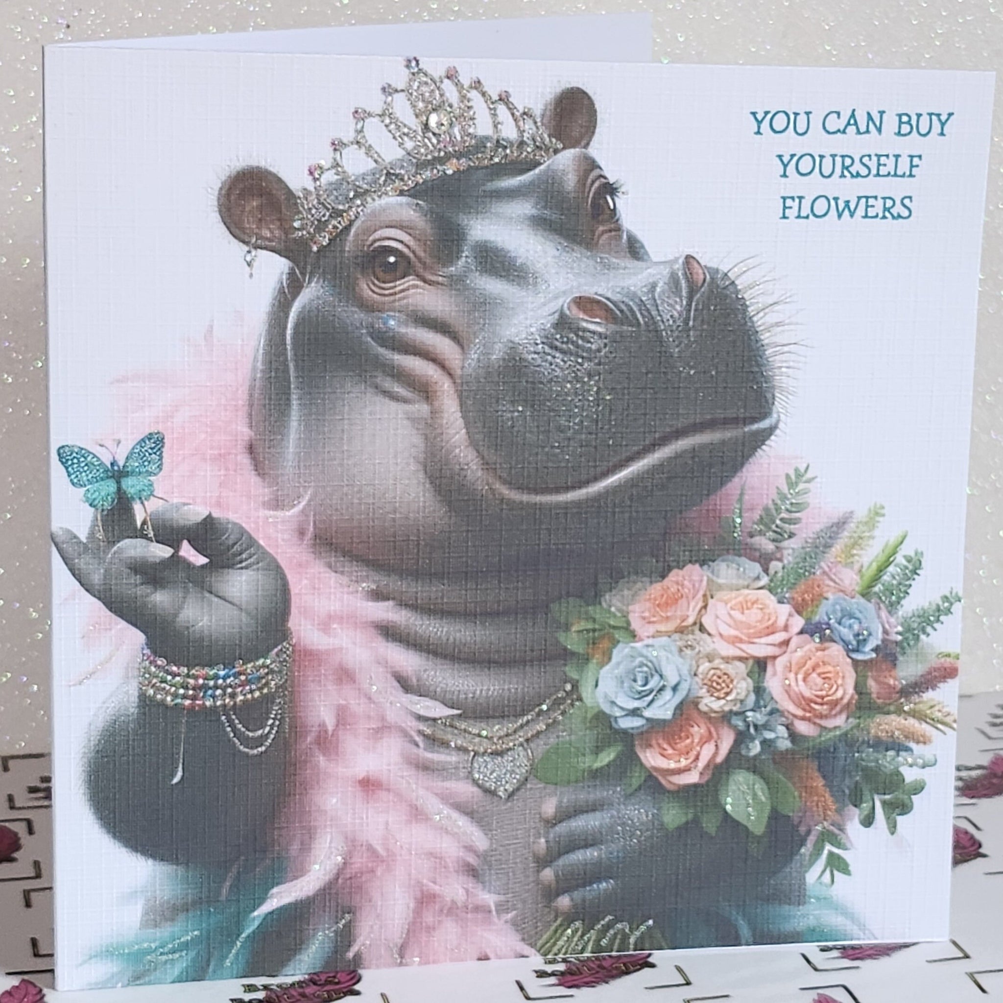 Hippo Card Hippo Wearing Tiara And Feather Boa 'You Can Buy Yourself Flowers' Swarovski Breakup Handmade Linen Effect Card Free Delivery