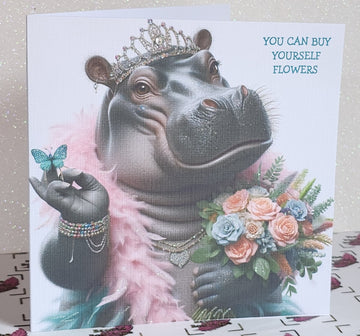 Hippo Card Hippo Wearing Tiara And Feather Boa 'You Can Buy Yourself Flowers' Swarovski Breakup Handmade Linen Effect Card Free Delivery