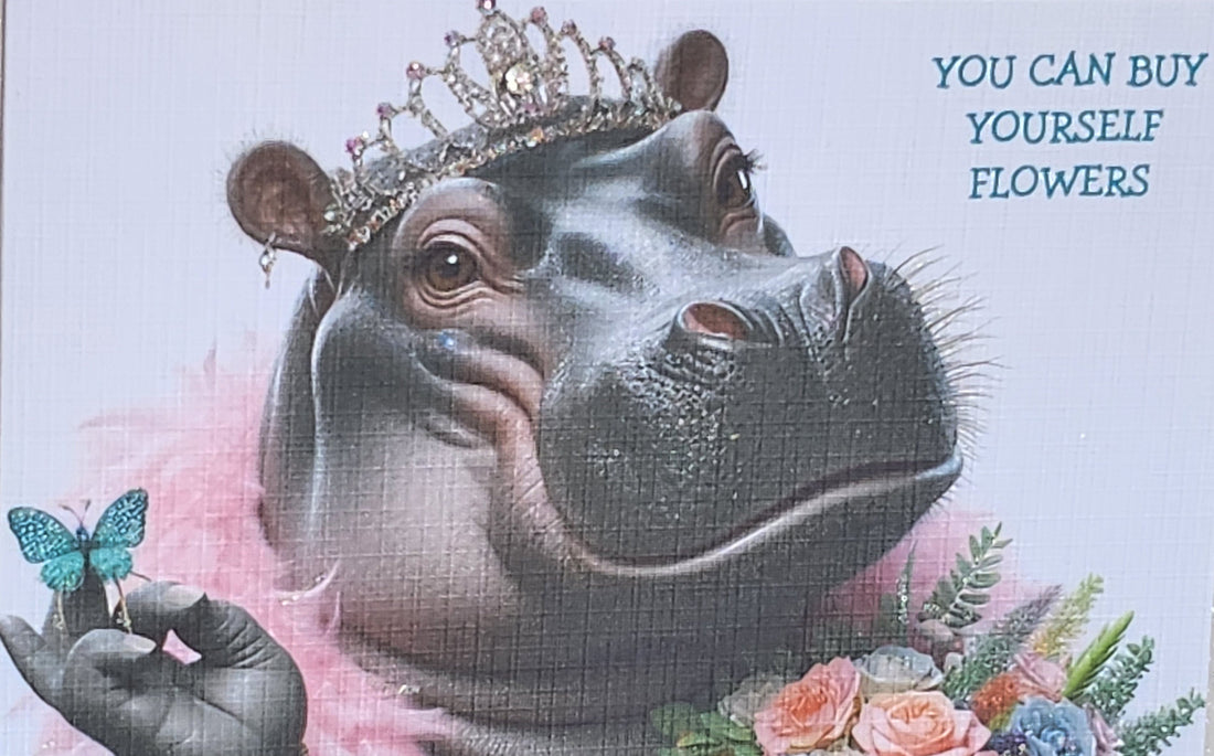 Hippo Card Hippo Wearing Tiara And Feather Boa 'You Can Buy Yourself Flowers' Swarovski Breakup Handmade Linen Effect Card Free Delivery