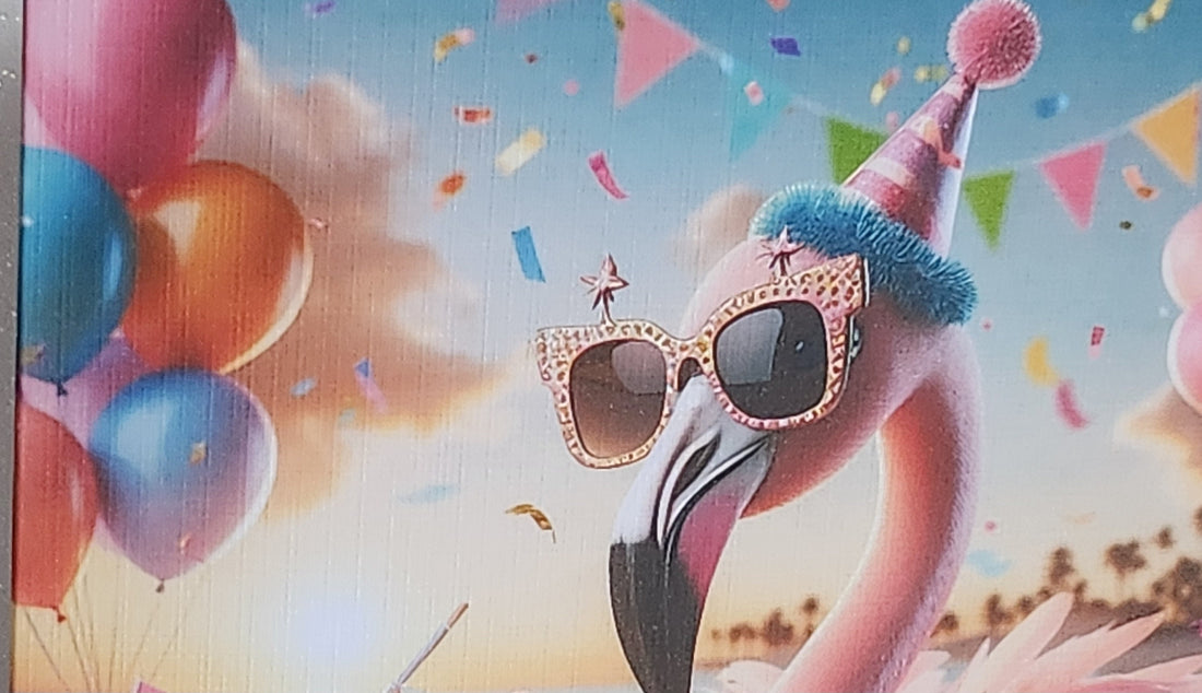 Flamingo Birthday Card Flamingo On Beach Wearing Birthday Hat & Sunglasses Birthday Presents Handmade Linen Effect Card Square Free Delivery