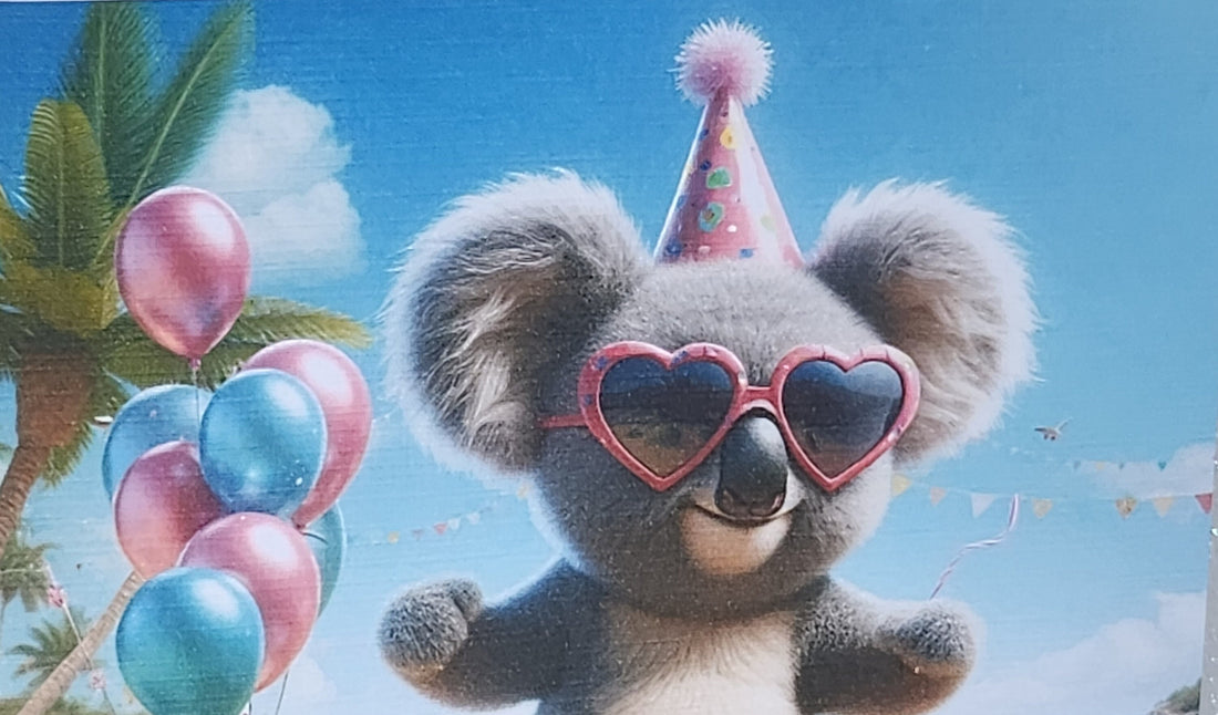 Koala Bear Birthday Card Dancing Koala Wearing Birthday Hat & Sunglasses Birthday Presents Handmade Linen Effect Card Square Free Delivery