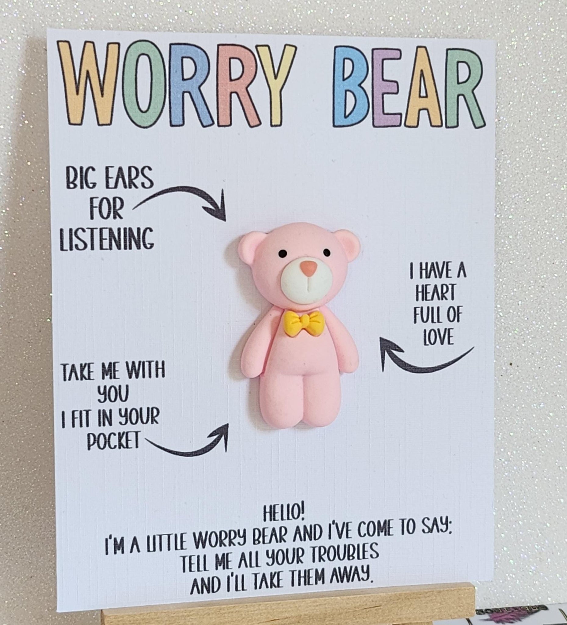 Worry Bear Pocket Hug Pink Teddy Bear Hug Token On Gift Card 'Hello I'm A Little Worry Bear' New School Daughter Son Grandchild Sister