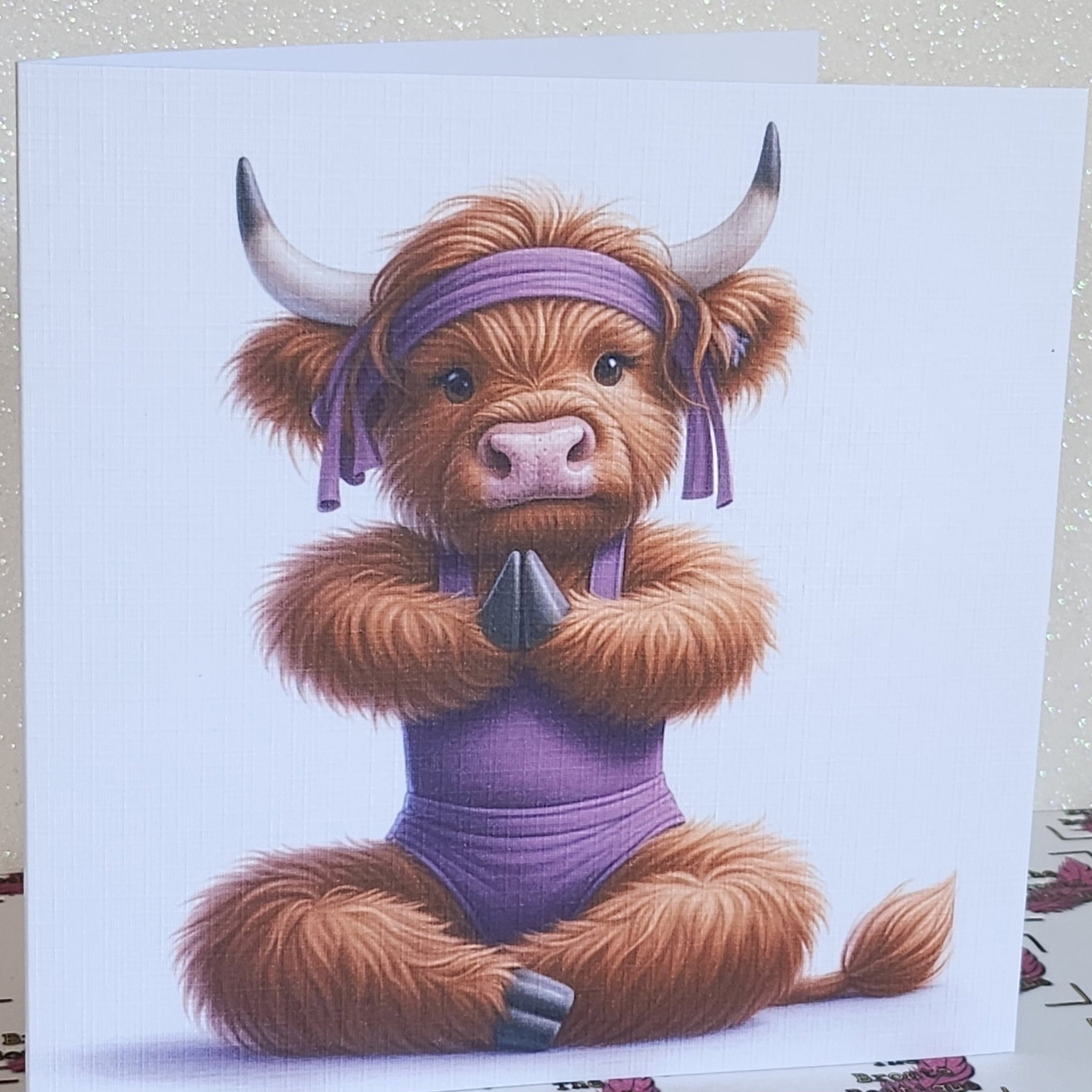 Highland Cow Yoga Card Highland Cow Doing Yoga Leotard Humour Friend Positivity Mental Health Handmade Linen Effect Square Free Delivery