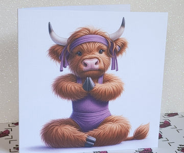 Highland Cow Yoga Card Highland Cow Doing Yoga Leotard Humour Friend Positivity Mental Health Handmade Linen Effect Square Free Delivery