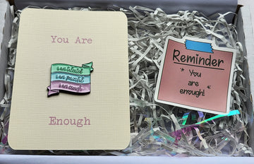 Mental Health Gift Box With Enamel Pin Badge 'I Am Talented I am Enough' Vinyl Sticker Positivity Personalised Gift Card Option Self Love