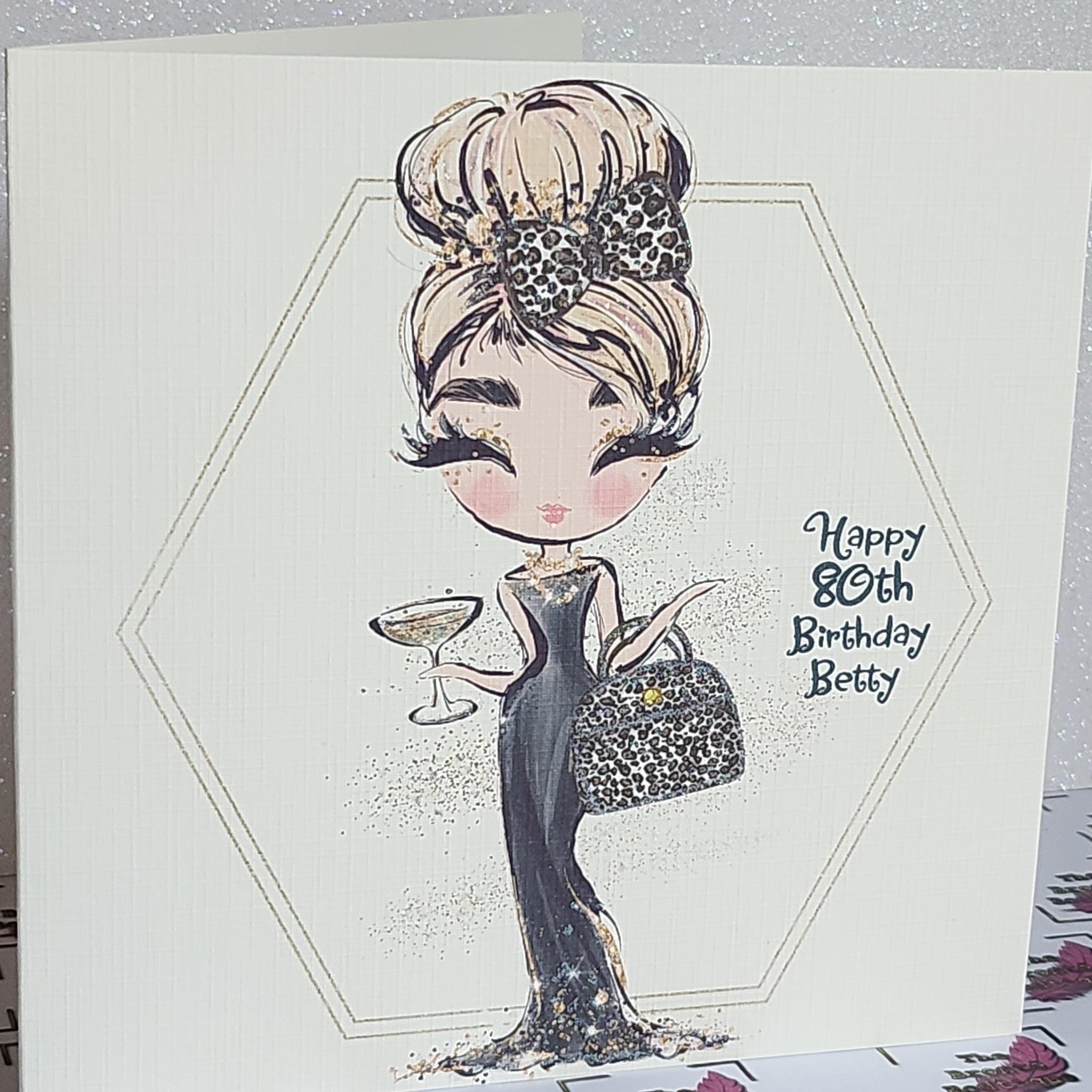 80th Birthday Card Blonde Girl Black Dress Leopard Print Handbag Linen Square Personalised Name Messy Bun Swarovski Crystal Free Delivery