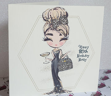 80th Birthday Card Blonde Girl Black Dress Leopard Print Handbag Linen Square Personalised Name Messy Bun Swarovski Crystal Free Delivery