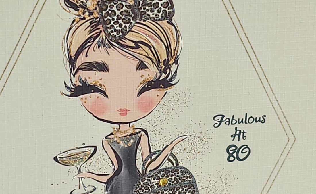 Fabulous At 80 Birthday Card Blonde Lady Black Dress Leopard Print Handbag Linen Square Champagne Messy Bun Swarovski Crystal Free Delivery