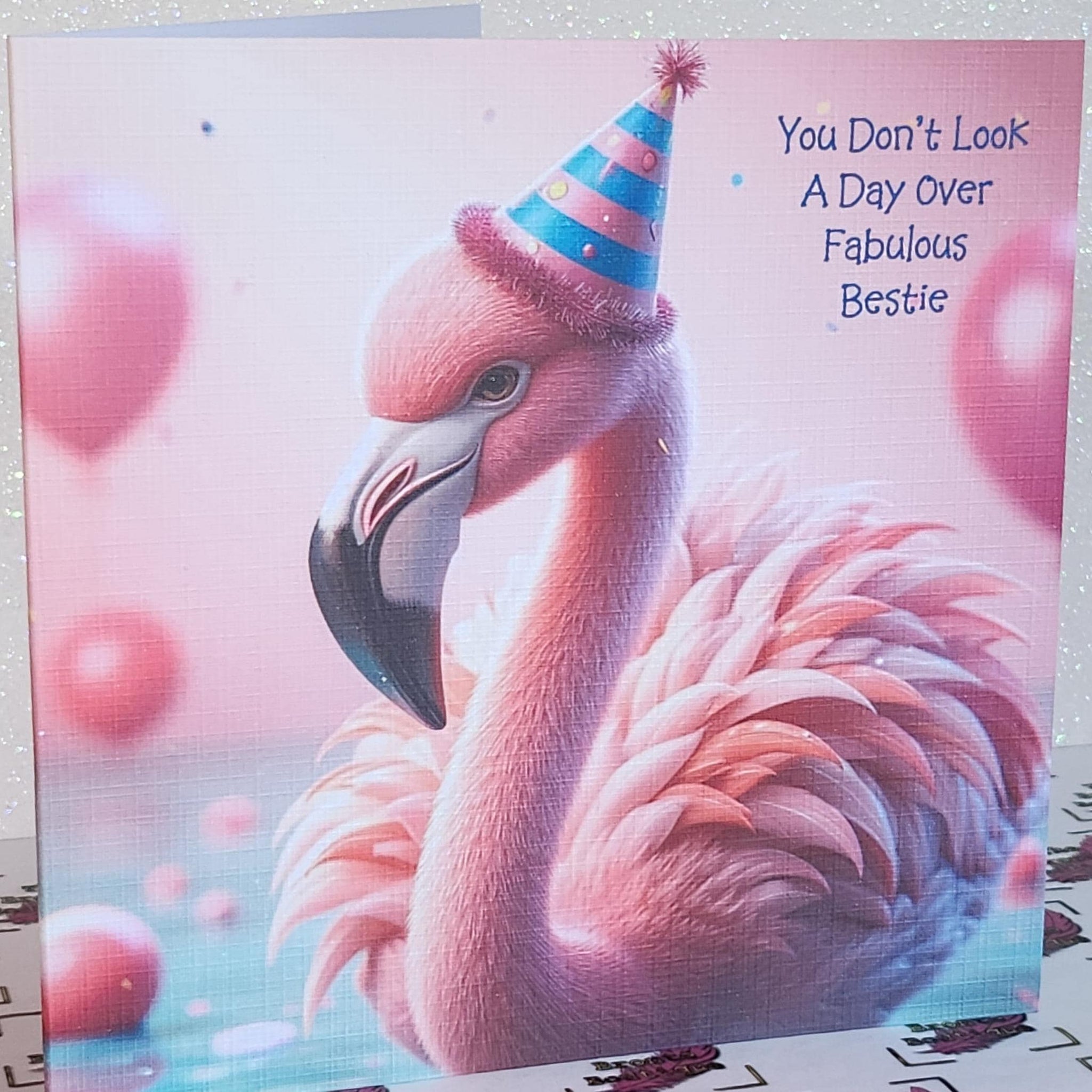 Flamingo Birthday Card Pink Flamingo With Birthday Hat 'You Don't Look A Day Over Fabulous' Handmade Linen Effect Card Square Free Delivery