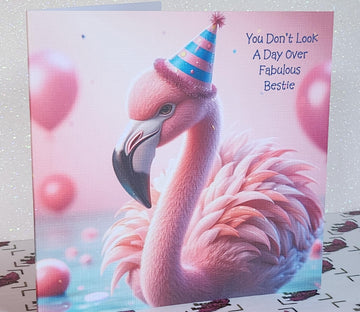 Flamingo Birthday Card Pink Flamingo With Birthday Hat 'You Don't Look A Day Over Fabulous' Handmade Linen Effect Card Square Free Delivery