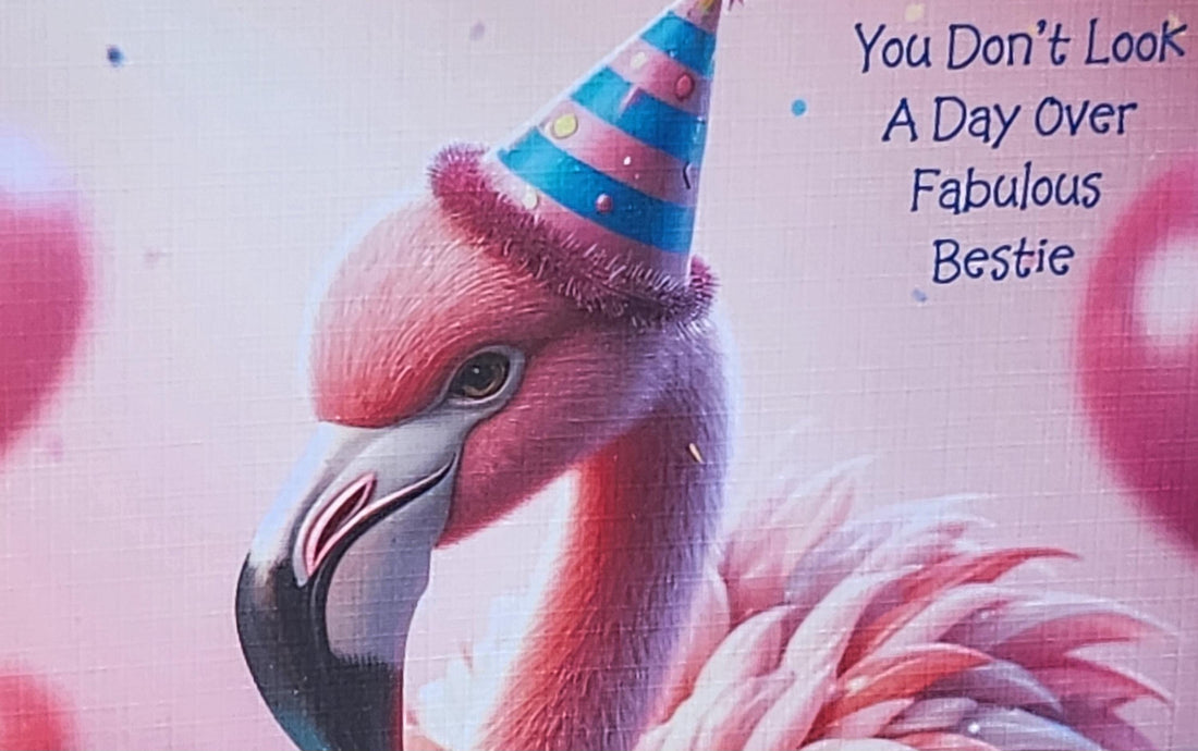 Flamingo Birthday Card Pink Flamingo With Birthday Hat 'You Don't Look A Day Over Fabulous' Handmade Linen Effect Card Square Free Delivery