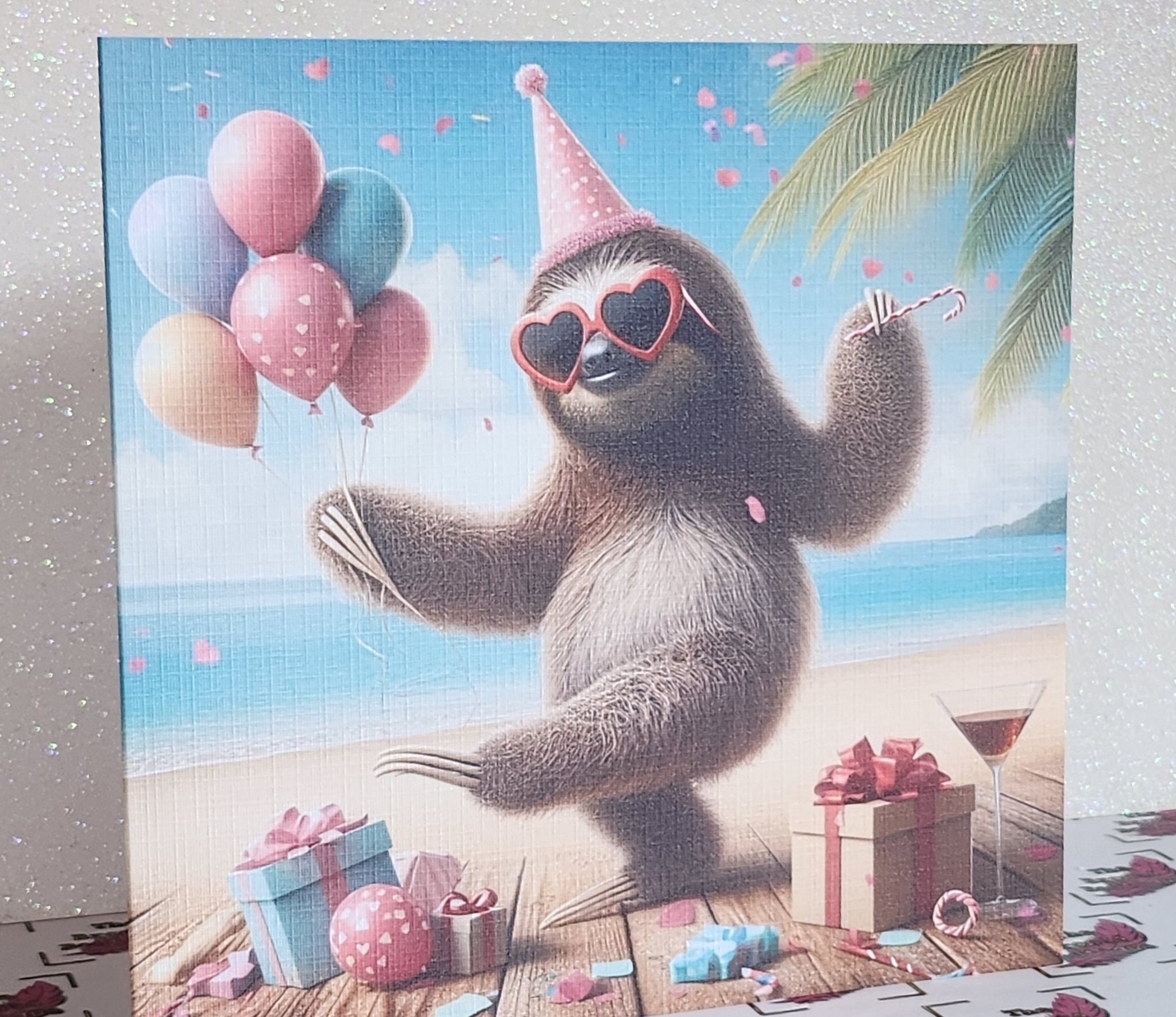 Sloth Birthday Card Dancing Sloth Wearing Birthday Hat & Sunglasses Birthday Presents Handmade Linen Effect Card Square Free Delivery