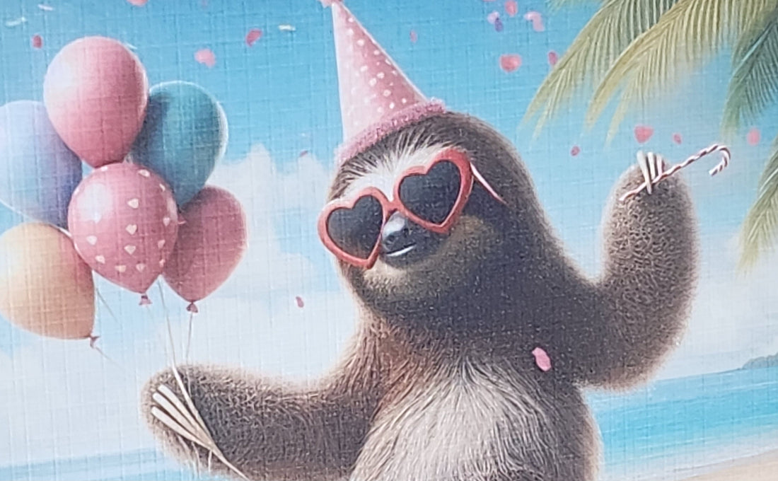 Sloth Birthday Card Dancing Sloth Wearing Birthday Hat & Sunglasses Birthday Presents Handmade Linen Effect Card Square Free Delivery