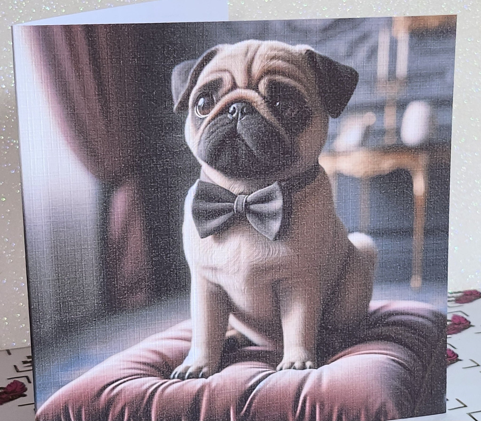 Pug Birthday Card Pug Wearing Bow Tie Happy Birthday Dad Son Uncle Grandad Sister Aunt Handmade Linen Effect Card Square Free Delivery