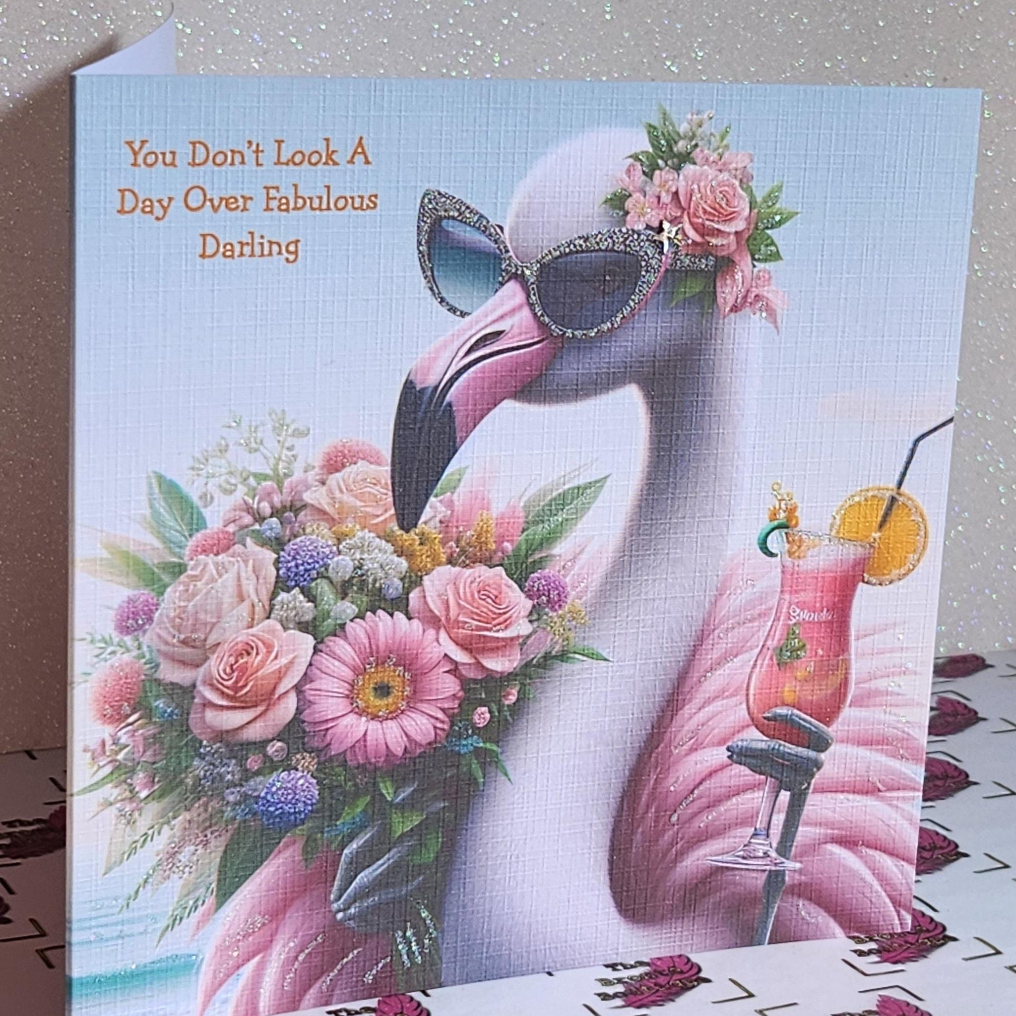 Flamingo Birthday Card Flamingo With Cocktail And Sunglasses 'You Don't Look A Day Over Fabulous' Handmade Linen Effect Square Free Delivery