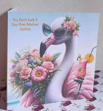 Flamingo Birthday Card Flamingo With Cocktail And Sunglasses 'You Don't Look A Day Over Fabulous' Handmade Linen Effect Square Free Delivery