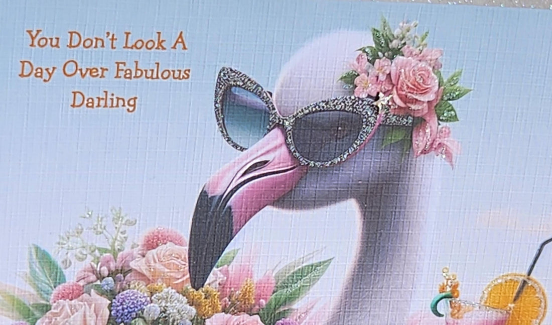 Flamingo Birthday Card Flamingo With Cocktail And Sunglasses 'You Don't Look A Day Over Fabulous' Handmade Linen Effect Square Free Delivery