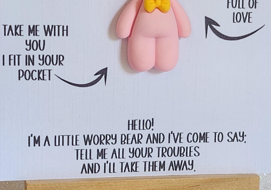 Worry Bear Pocket Hug Pink Teddy Bear Hug Token On Gift Card 'Hello I'm A Little Worry Bear' New School Daughter Son Grandchild Sister