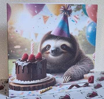 Sloth Birthday Card Sloth Wearing Birthday Hat With Birthday Cake Dad Uncle Son Daughter Handmade Linen Effect Card Square Free Delivery