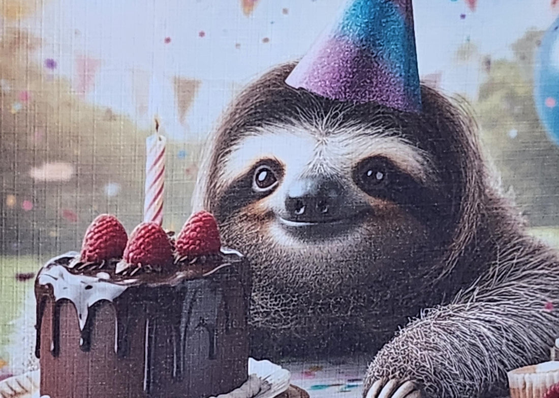 Sloth Birthday Card Sloth Wearing Birthday Hat With Birthday Cake Dad Uncle Son Daughter Handmade Linen Effect Card Square Free Delivery