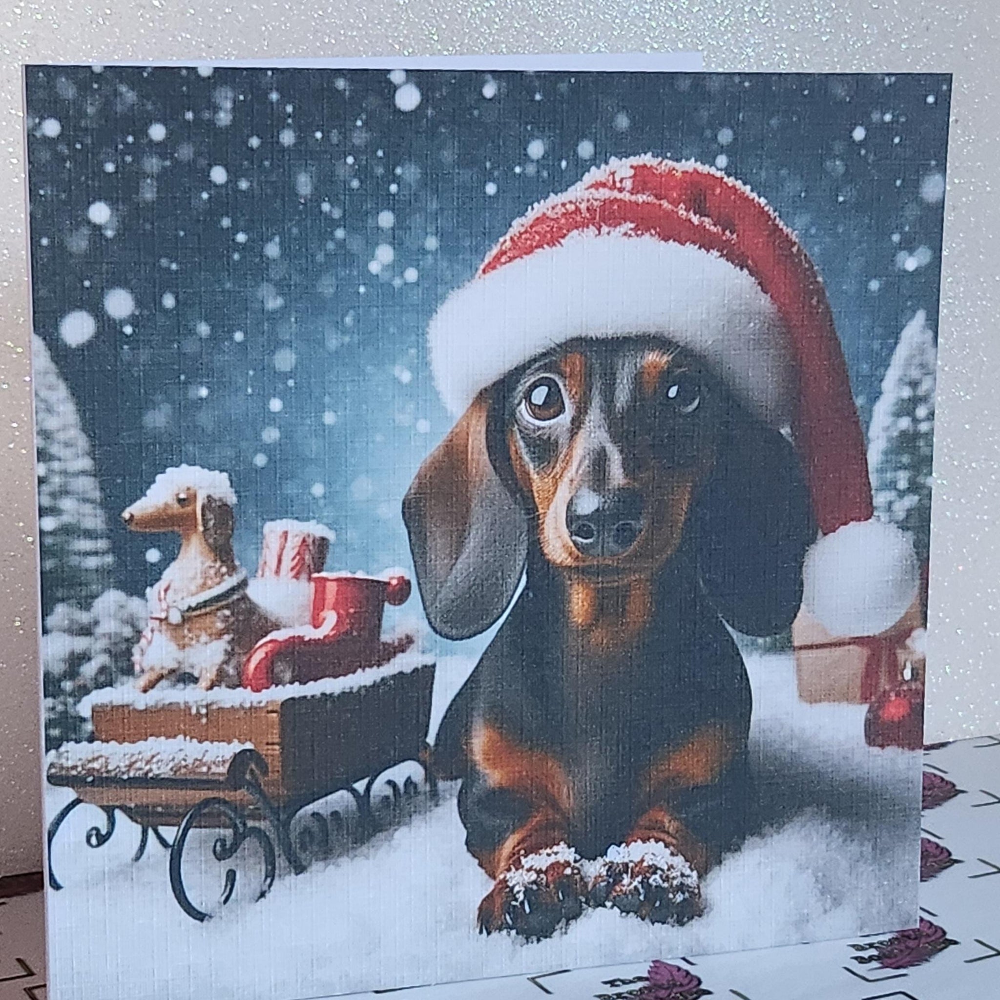 Dachshund Christmas Card Dachshund Through The Snow Dachshund Wearing Santa Hat With Sleigh Christmas Card Festive Scene  Free Delivery