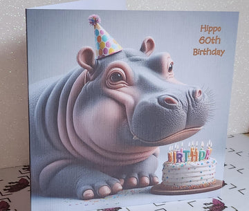 Hippo 60th Birthday Card Hippopotamus Wearing Birthday Hat With Birthday Cake Age Option Handmade Linen Effect Card Square Free Delivery