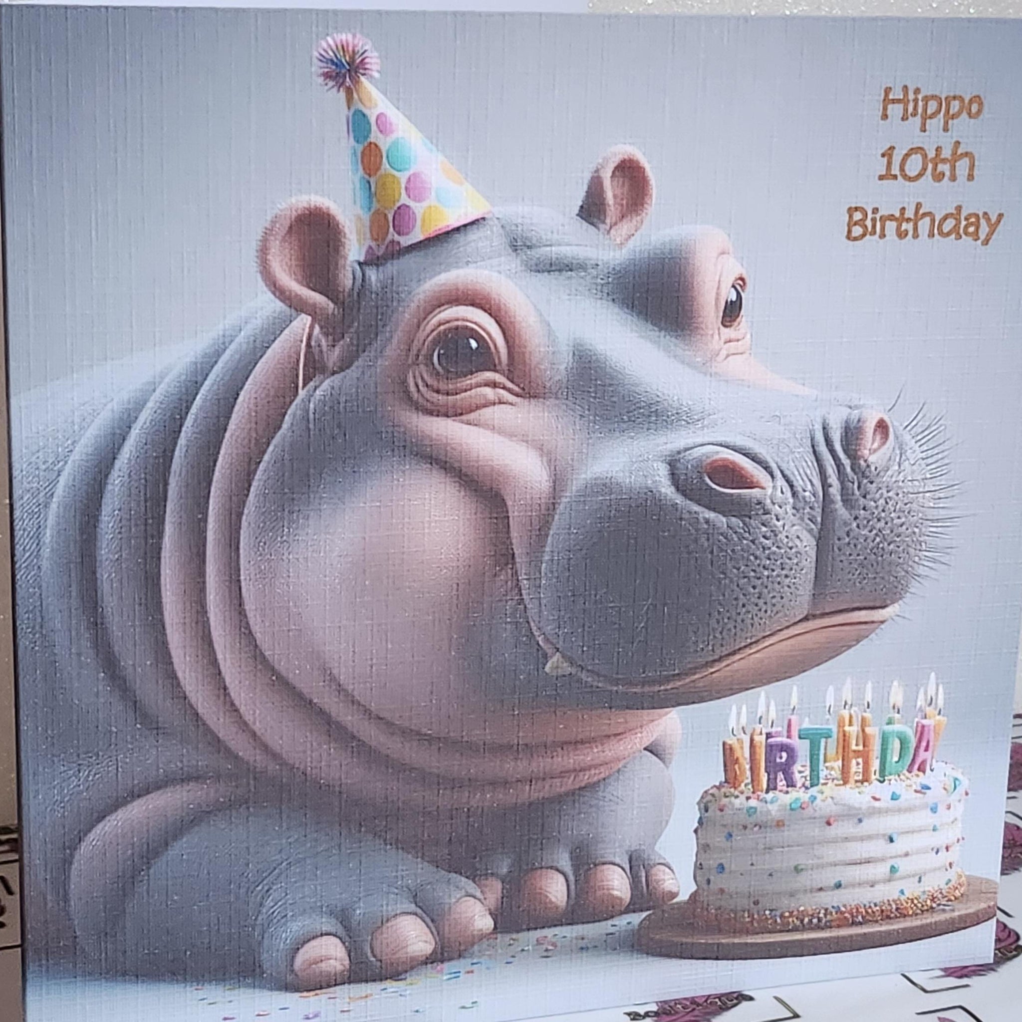 Hippo 10th Birthday Card Hippopotamus Wearing Birthday Hat With Birthday Cake Age Option Handmade Linen Effect Card Square Free Delivery