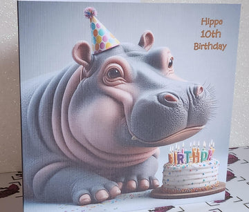 Hippo 10th Birthday Card Hippopotamus Wearing Birthday Hat With Birthday Cake Age Option Handmade Linen Effect Card Square Free Delivery