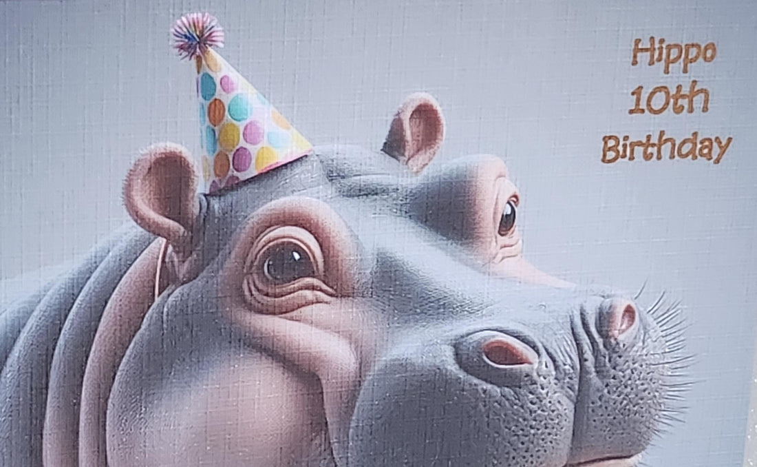 Hippo 10th Birthday Card Hippopotamus Wearing Birthday Hat With Birthday Cake Age Option Handmade Linen Effect Card Square Free Delivery